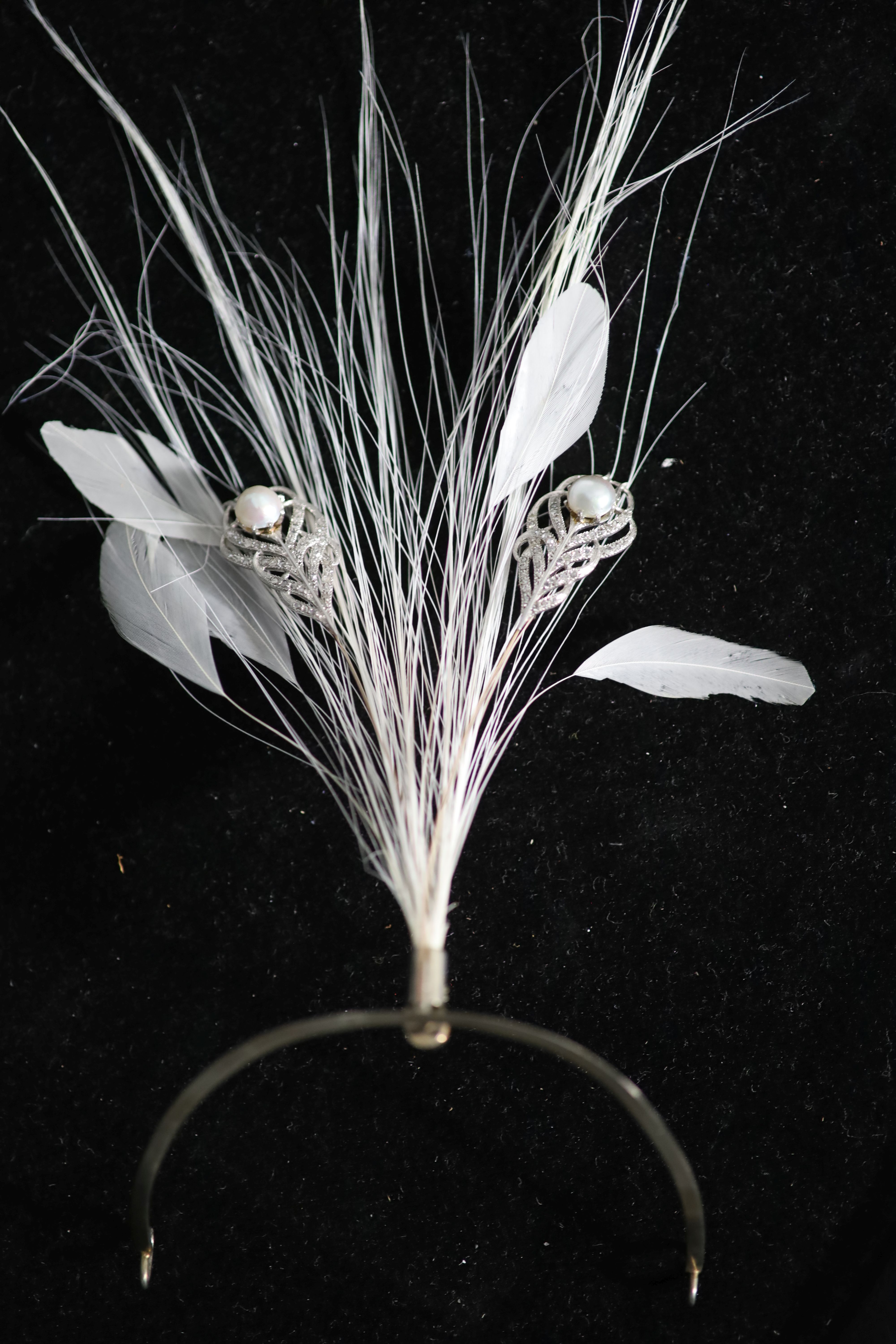 An early 20th century, continental gold and silver?, split pearl and diamond chip set aigrette, in later fitted case,